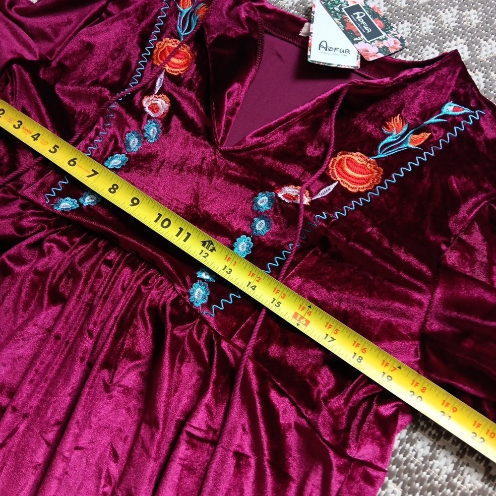 NWT Aofur Velvet Dress Womens Plus 2XL Red Embroidered Boho Popover Peasant Chic - Picture 8 of 12
